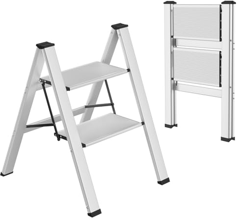 TLGREEN Alu Trittleiter 2-Stufen-Leiter Klappleiter Rostfeste rutschfeste Stehleiter Haushaltsleiter Multifunktionale Tritthocker Licht Platzsparend bis 150kg Belastbar für Küchen Haushalt Außen Büro