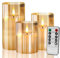 Gold Glass Flameless Battery Candles Flickering with Remote,Timer, Wicking Operated Realistic Real Wax Warm Light LED Candle, for Party Wedding Festival Tabletop Decoration, Set of 3