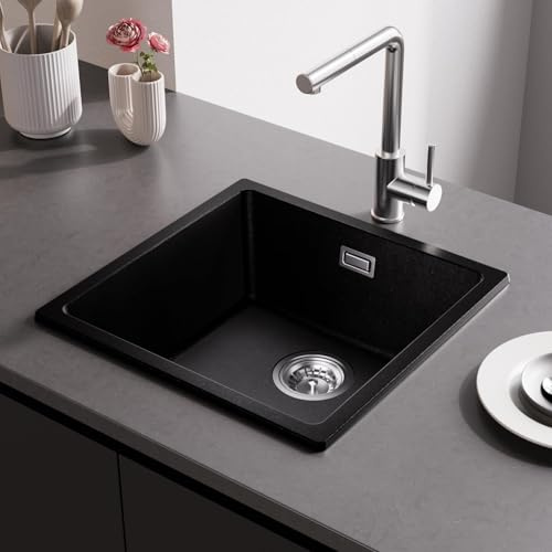 CECIPA Fregadero Negro Granito 45*44*20cm, Cocina 1 contenedor, Moderno, Rectangular, Tanque Individual Con Demasiado Completo y Vaciado Rápido, Lavabo Pequeño