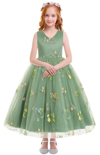 Sage Green Flower Girl Dress, Kids Wedding Bridesmaid Maxi Long Dresses Floral Embroidery Sleeveless V-Neck Tulle Princess A-line Evening Formal Party Pageant Birthday Prom Gown Sage Green 9-10 Years