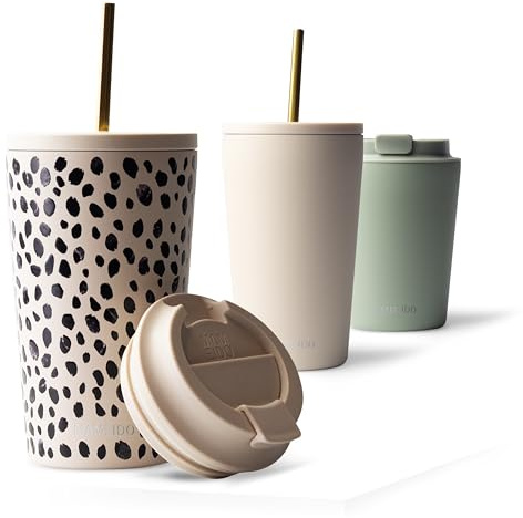 MAMEIDO Thermobecher mit Strohhalm 470 ml, Trinkbecher mit Deckel und Strohhalm aus Edelstahl doppelwandig isoliert, auslaufsicher, Coffee to go Becher (Almond Flakes)