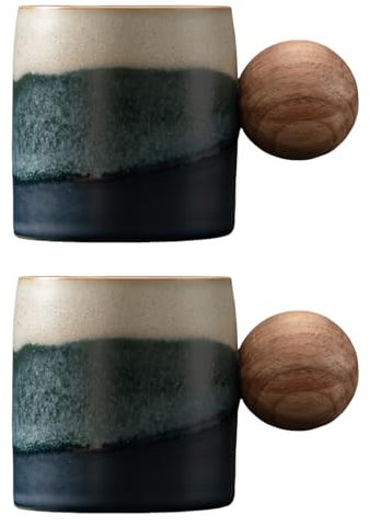 Dicmracy Juego de 2 o 4 tazas de café expreso de cerámica de 2.5 onzas, tazas de espresso con mango de madera, tazas Demitasse para café o té (Kiln se vuelve azul2, redondas)