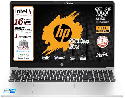HP 250 G10 Notebook portatile, Ram 16Gb, SSD 1Tb, Display FullHD 15.6, Cpu Intel N100 4Core fino a 3,4 GHz, tastiera retroilluminata, Win 11 Pro, 3 anni di garanzia, pronto All'uso, Italia