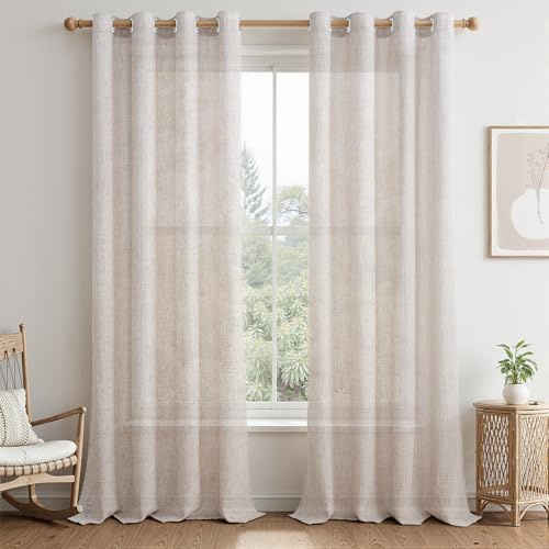 MRTREES Linen Curtain, Country House Style, Living Room Curtains with Eyelets, Set of 2 Curtains, Linen Look, Semi-Transparent, 240 cm Long, 140 cm Wide, Ready Curtains Living Room, Light Brown