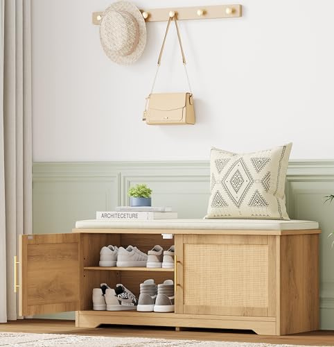 Zeibospri Rattan Shoe Storage Bench with Cushion, 39.4 Wide Entryway Bench with Adjustable Shelf, Hidden Shoe Organizer Cabinet, for Hallway, Living Room, Bedroom, Natural Oak