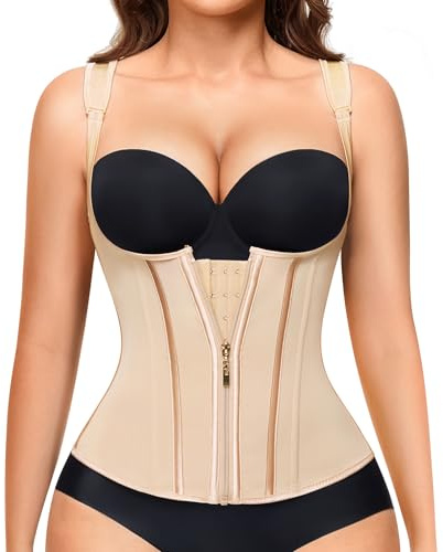 Nebility Waist Trainer for Women Corset Shapewear Tummy Control Faja Body Shaper Waist Cincher with Adjustable Strap(Beige,Large)