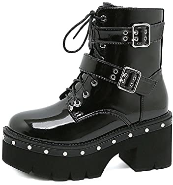 WeFloHsL Femmes Bottines À Lacets Plateforme Talon Bloc Cloutés Cuir Verni Punk Gothique Bottes De Combat,Noir,38 EU