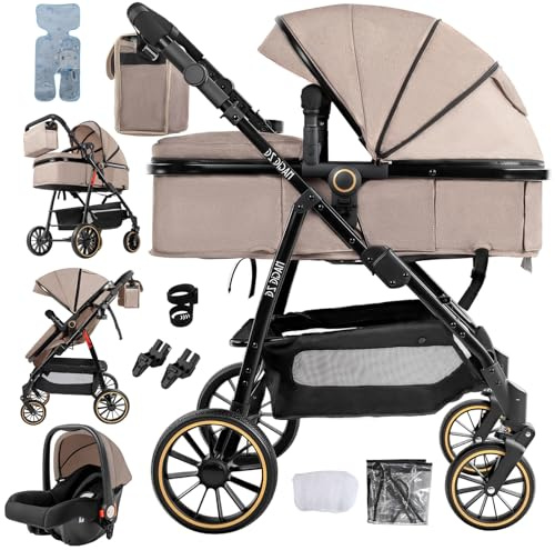 Doraystar 3 st babyvagn, 3-i-1 babyvagn med två vändbara trycklägen, tredelad barnvagn med bekväm stor liggdel, tredelad vagn med högt landskap i tre delar (V8 Khaki)