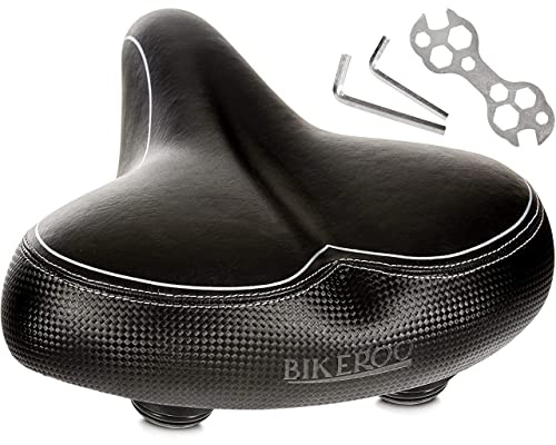 Bikeroo Bike Seat – Oversized, Comfortable Bicycle Saddle with Shock-Absorbing Spring Suspension for Men and Women – Soft, Padded Seats w/Mounting Tools – Indoor
