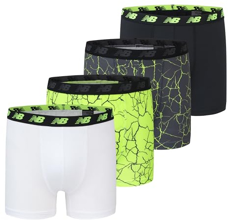 New Balance Boys' 3.5 Underwear, Performance Boxer Briefs (4 Pack), White/Hi-lite/Black/Hi-lite Print, Medium