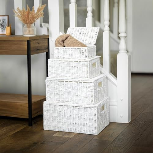 HomeZone Set of 4 White Woven Paper Rope Storage Baskets with Lids – Decorative Nesting Storage Boxes with Handles, Gift Hamper Baskets for Bathroom, Bedroom, Nursery & Home Organisation