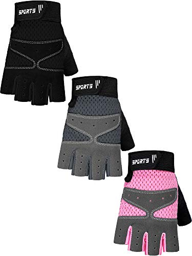 SATINIOR 3 Pairs Kids Half Finger Gloves Non Slip Gel Biking Adjustable Gymnastics Gloves for Girls Boys (Normal Style, 12-16 Years)