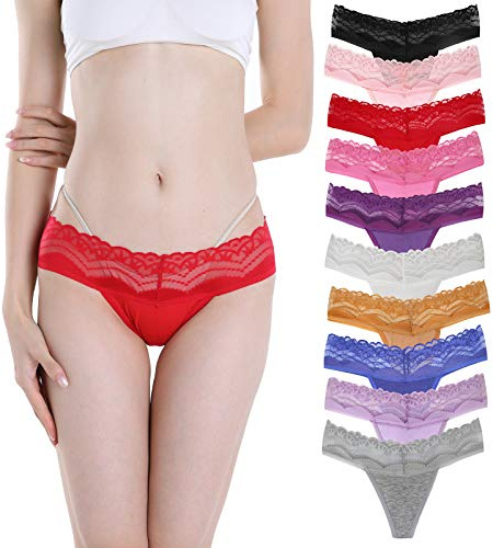 Deigecil Lot de 10 strings en dentelle de coton sans couture pour femme avec dos en T - Différents motifs et couleurs, L