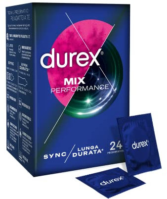 Durex Mix Performance, Preservativi Durex Lunga Durata e Sync, Preservativi Ritardanti per Lui e con Rilievi e Nervature per Lei, 24 Profilattici