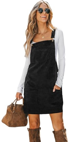 CUPSHE Robe d'automne mini pour femme en velours côtelé avec poche avant et col carré, bretelles larges, style décontracté, noir, Taille M