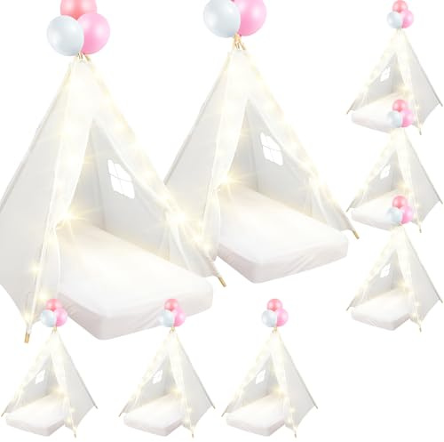 8 Pack Sleepover Tent for Girls Party,Teepee Tent for Kids Slumber Party Bulk with Light String,Air Mattress,Fitted Sheet,Washable Natural Cotton Toddler Teepee Indoor Outdoor(White)