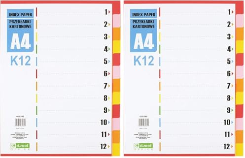 D.RECT - Separadores para A4, K12, 12 hojas de separación, pestañas con número 1 – 12, multicolor (Paquete de 2)