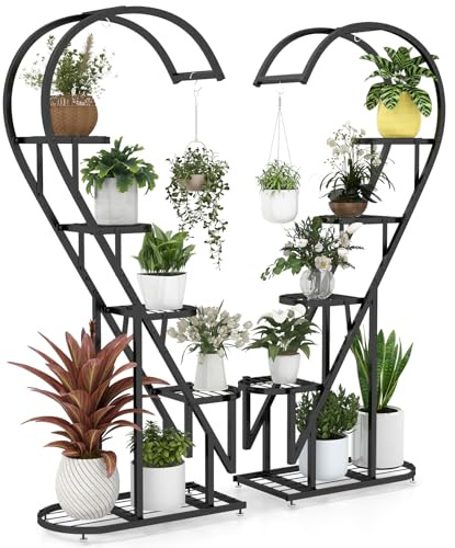 COSTWAY Scaffale per Piante in Metallo a 5 Livelli, Porta Piante a Forma di Cuore con Gancio, Scaffale per Fiori per Soggiorno, Camera da Letto e Balcone (Nero)