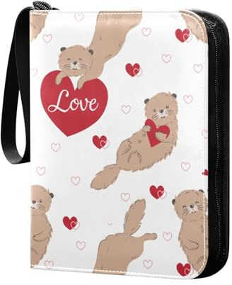 Valentines Otter Hearts Sammelkartenalbum 4 Taschen Kartenordner 50 Seiten 400 Karten PU Reißverschluss Kartenbinder Aufbewahrung Halter für Sportspielkarte