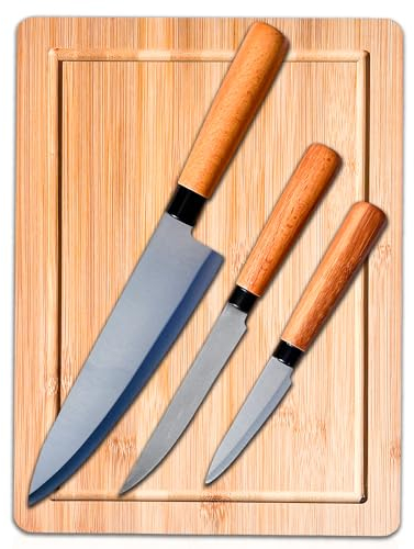 Tabla Cortar Cocina Madera con Set de 3 Cuchillos Profesional. Juego de Utensilios de Cocina Incluye Tabla de Cortar Cocina Madera de Bambú de 35x25x1cm y Cuchillos Ideal para Picar y Cortar Alimentos