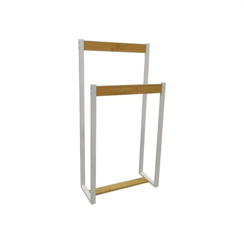LIN HOME XZ-22179-1 Perchero Independiente de Bastidor Metálico Blanco y Barras de Bambú Natural, Soporte Doble para Toallas y Prendas para Baño, Entrada, Dormitorio y Salón 41x18x80cm