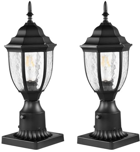 VEVOR 2 PCS Farolas Exteriores de Anochecer al Amanecer, 390 mm, Resistentes al Agua con Base de Montaje en Pilar de 9 cm, Pantalla de Vidrio Farola Exterior a Prueba de Rayos para Patio, Jardín