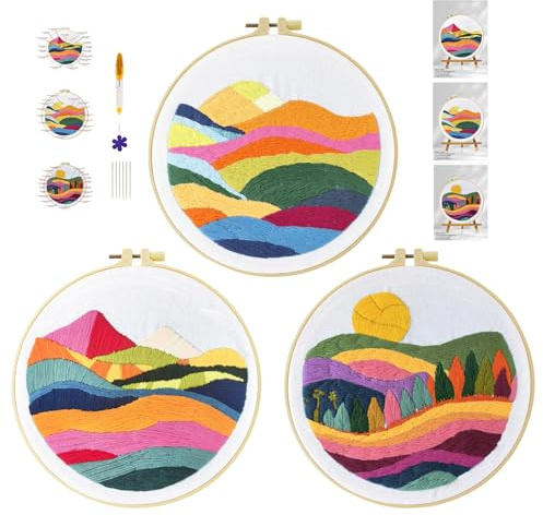 cukol cukol 3pcs Kit Ricamo Principianti Paesaggio Montano, Embroidery Kit, Schemi per Set Ricamo Starter Mezzo Punto Croce Kit da Ricamare Mezzopunto a Mano Stampato Bambini