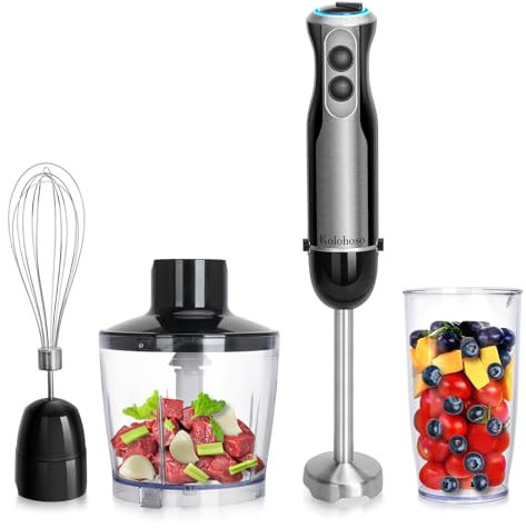 kolohoso 1500W Batidora de Mano, 4 in 1 Minipimer, 20 Velocidades Batidora Picadora, 4 Hojas de Acero Inoxidable, Protección Antisalpicaduras incluye Vaso Medidor, Batidor de Huevos, Picadora, sin BPA