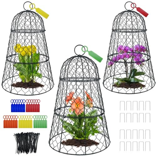 3 PCS Chicken Wire Plant Covers Protectors ,45CM×29CM Rustproof Heavy Duty Metal Plant Cage with Stakes & Labels, Modular Garden Cloches Design for Seedlings Flowers vegetables Protect from Animals