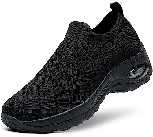 HKR Womens Slip on Trainers Comfortable Orthopedic Shoes for Women Plantar Fasciitis Non Slip Ladies Nurse Work Shoe with Arch Support All Black UK 5.5 / US7.5