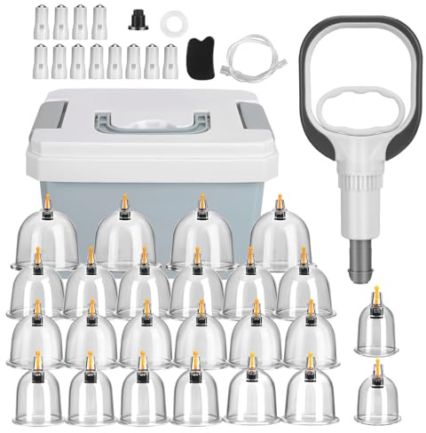 Lot de 24 ventouses en verre avec pompe à vide, pour massage du dos et soulagement de la douleur, pour le visage et pour tout le corps, en silicone pour la maison