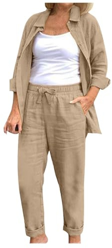 Tracksuit Womens Full Sets 2 Piece Outfits Cotton Linen Co Ords Sets Button Down Long Sleeve Tops and Trousers Casual Trouser Suits Activewear Vacation Travel Outfits Holiday Clothes Khaki