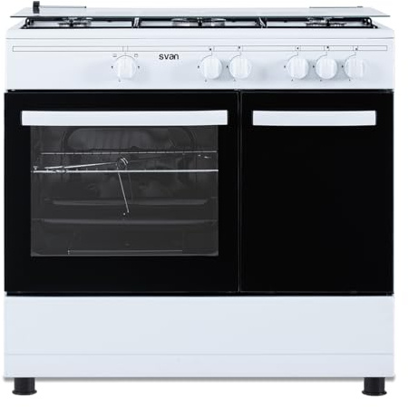 Svan Cocina Gas Butano 5 Zonas de Cocción, Horno 55 L, Blanco SKGW5901PB. Control Manual, Quemador WOK triple llama, 2 Programas, Compartimento Bombona, Cristal en Puerta de Doble Capa, Tapa Abatible