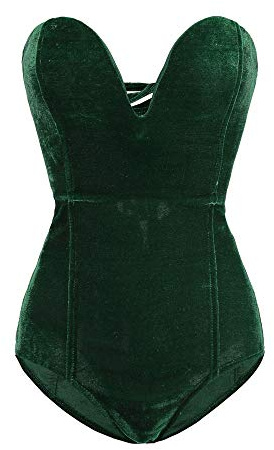 Acrawnni Women's Vintage Velvet Bodysuit Deep V Strapless Sexy Cross Back Lace Up Bodycon Jumpsuit Sexy Bodysuit Tube Top (A-Green, M)