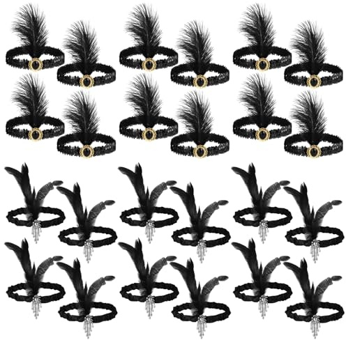 Lot de 24 bandeaux à plumes style années 1920 pour femme, accessoires de cheveux classiques pour événements à thème - Noir