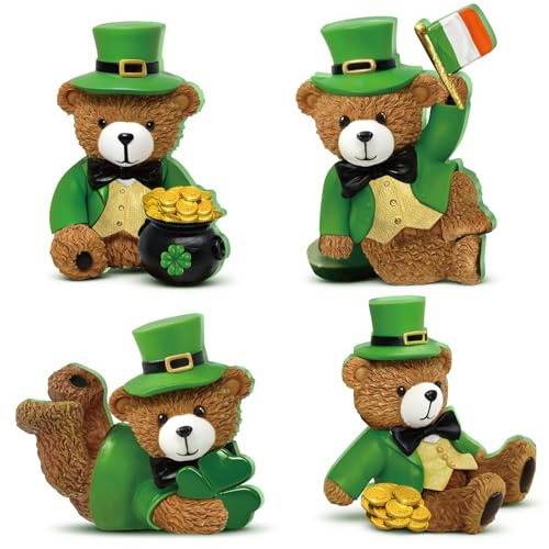 DoubleFill 4 Pcs St Patrick's Day Bear Figurines Table Decorations Wooden Teddy Bears Statue Decor Holiday Patty's Leprechaun Tabletop for St. Patrick's Day Office Desk Mantle Home Party Supplies