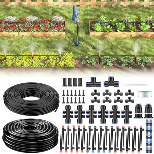 Pawfly Set di irrigazione a goccia da 70 m, sistema di irrigazione da giardino con tubo da 13-16 mm (10 m) e 4-6 mm (60 m) e accessori, per serra e prati