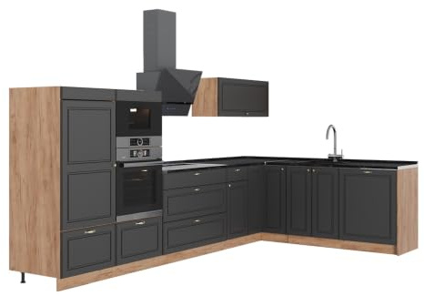 Vicco Hörnkök Fame-Line, Herrgård i antracitguld/Goldkraft ek, 347 x 207 cm, AP Antracit, för individuell expansion med kompatibla moduler