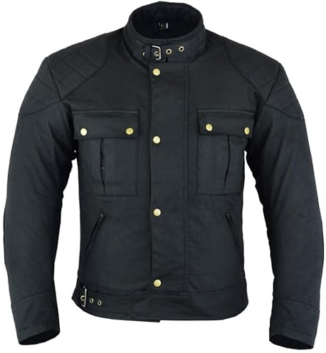 Texpeed Mens Waxed Cotton Waterproof Motorcycle Motorbike Biker Jacket With Black CE Armour (EN 1621-1) XL