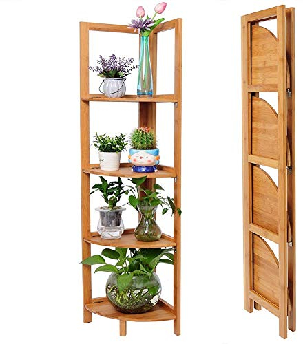 BAKAJI - Estantería esquinera Plegable, 4 estantes, estantes de Madera de bambú, Mueble esquinero, Dimensiones 27 x 27 x 120 cm, Color bambú Natural