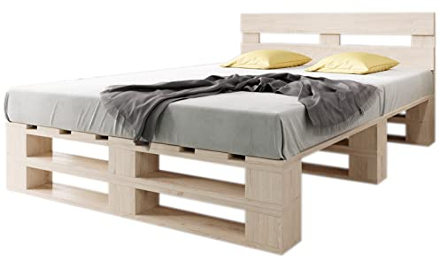 sunnypillow Palettenbett M2 aus Holz 180 x 200 cm mit Kopfteil und 2 Bettkästen Doppelbett, Familienbett - erhöhtes Ehebett Bettgestell Futonbett Komforthöhe Naturholz Massivholzbett