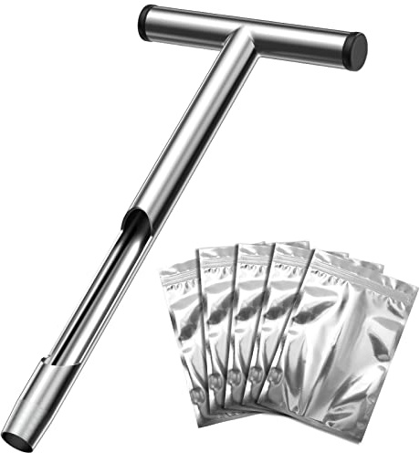 Housolution Bodenprobe-Sonde, 35cm T-förmiger Bodenprobennehmer Edelstahl Bodensonden mit 5 wiederverwendbaren Probenbeuteln Rasenpflege Werkzeug Bodentest Kits für Garten Bauernhof Golfplätzen Silber