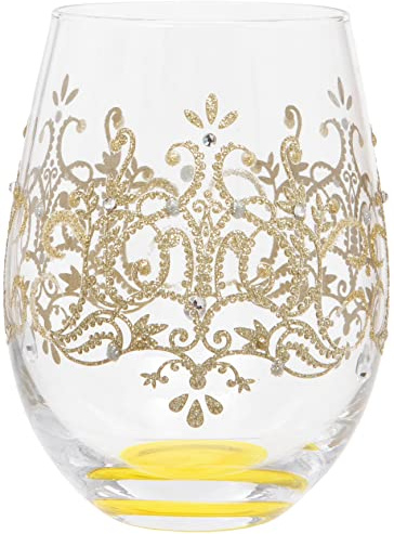 Hand Painted Gold Regal Damask Pattern Stemless Wine Glass, 530ml, Gift Boxed