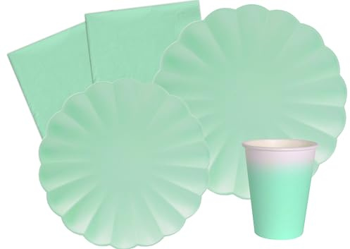 Kit Party Tavola Flower Shape per 8 persone (44 pezzi: 8 piatti Ø23cm, 8 piatti Ø18cm, 8 bicchieri 200ml, 20 tovaglioli 33x33cm) in carta compostabile eco-friendly, verde menta
