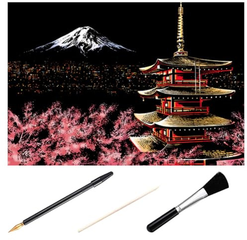 HOODANCOS DIY Scratch Picture Tool Set 4Pcs Including Scrape Pen and Brush for Mount Fuji Night Scene Artistic Drawing and Home Decoration