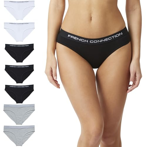 French Connection Women’s Multipack Briefs - 7 Pack - Black/White/Grey - Small