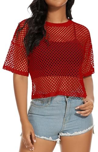 florynova Womens Fishnet Mesh Tops Summer See Through T Shirt Short Sleeve Sheer Blouse(Red,M)