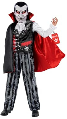 Morph Vampyrdräkt Pojkar, Rufskrageväst med Röd & Svart Kappa, Randiga Byxor & Mask, Halloween Utklädning