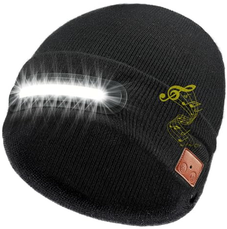 RANCOVY Bluetooth Beanie with Light, Musical Knitted Hat with Headphone and Built-in Speaker Mic, LED Beanie with Bluetooth for Men Women