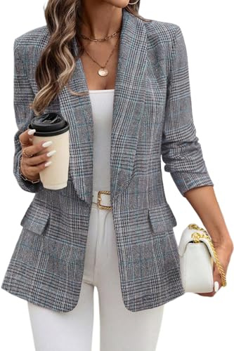 ELLEVEN Womens Casual Plaid Blazer Shawl Collar Long Sleeve Boyfriend Blazer Suit Houndstooth Plaid Blazer Dressy Coat Jacket Business Work Office Blazer Suits Black Blue Plaid X-Large